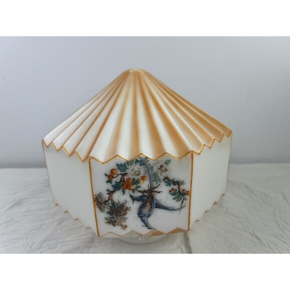 Vtg 30s Accordion Octagonal Frosted Orange‎ Birds Paradise Glass Swag Lamp Shade - Picture 10 of 16